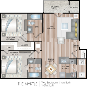 Myrtle - Two Bedroom / Two Bath - 1,076 Sq. Ft.*
